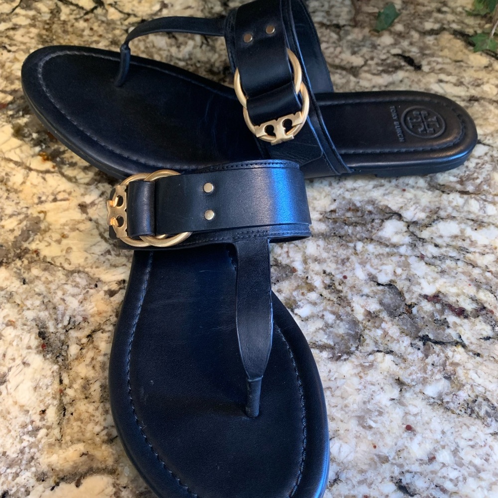 Tory Burch Black & Gold Buckle Marsden Leather T-Strap Sandals 10
